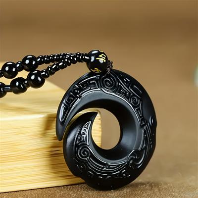 Colar Presente Ideal Pingente Amuleto Obsidiana Negra com Design Intrincado Corrente 1 peça Acentos Elegantes em Contas Boa Sorte Jade Falso