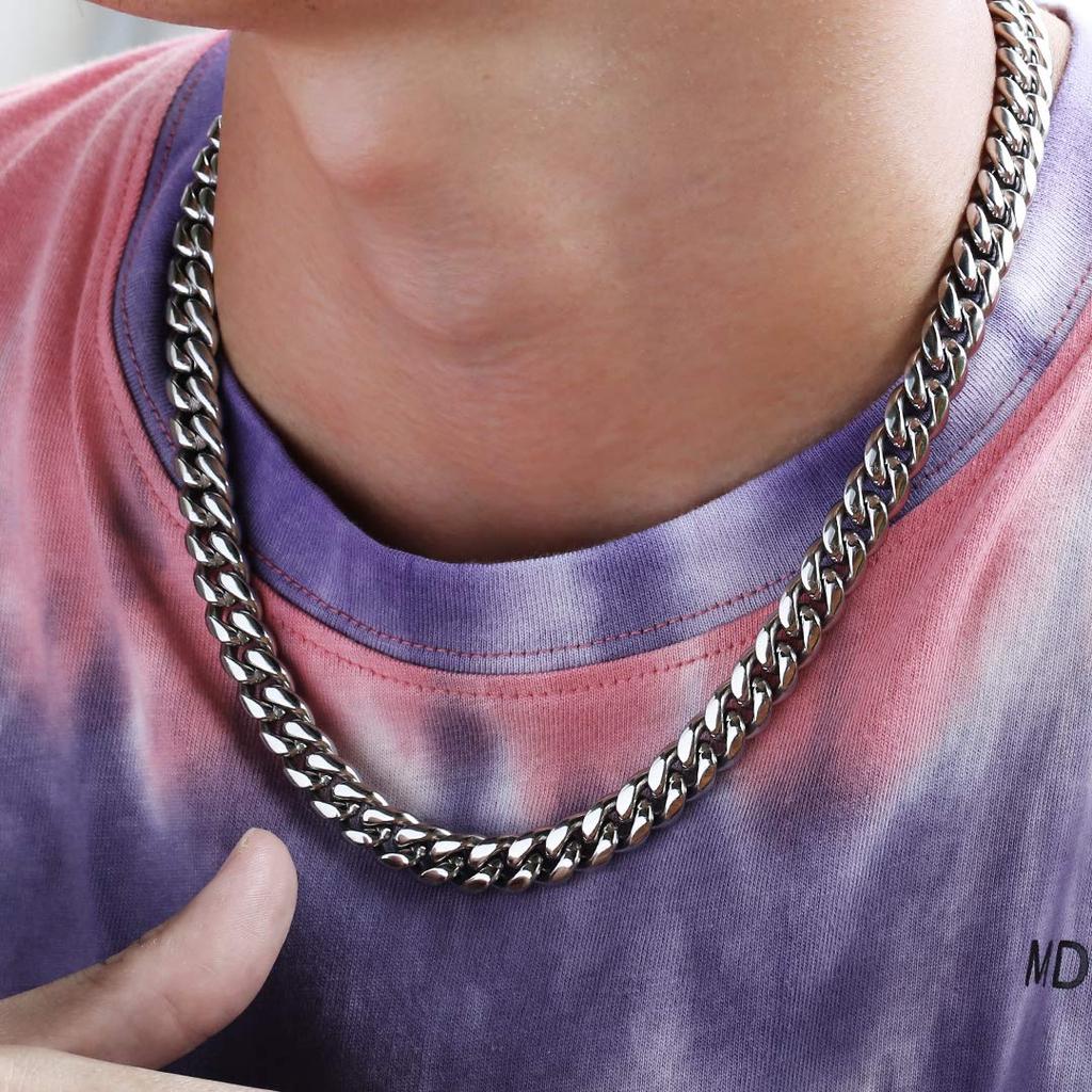 Width 10mm Kihei Necklace Cuban Chain Stainless Steel Necklace 18K Gold Plated Thick Kihei Chain Cut Necklace Link Choker Hip Hop Rapper Dancer B