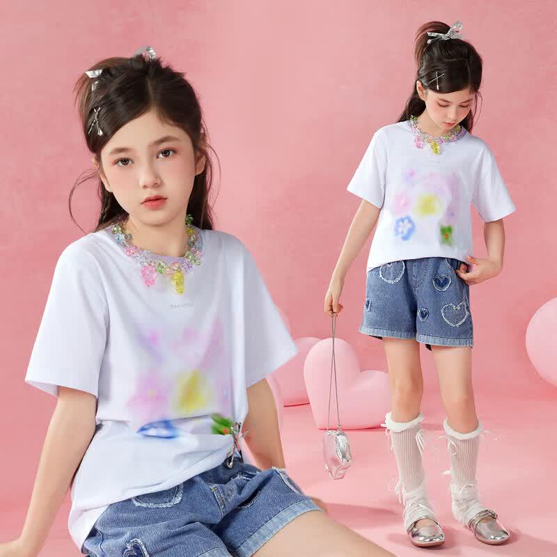 Little Tiger Patty Girls Floral Print T-Shirt & Denim Shorts Set 150 белый