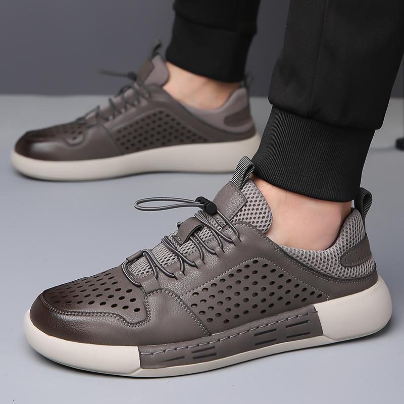 Fashion Summer Men's Hollow Breathable Leather Boots Outdoor Flat Bottomed Comfortable Sports Shoes Fashionable and Casual Oxford Shoes