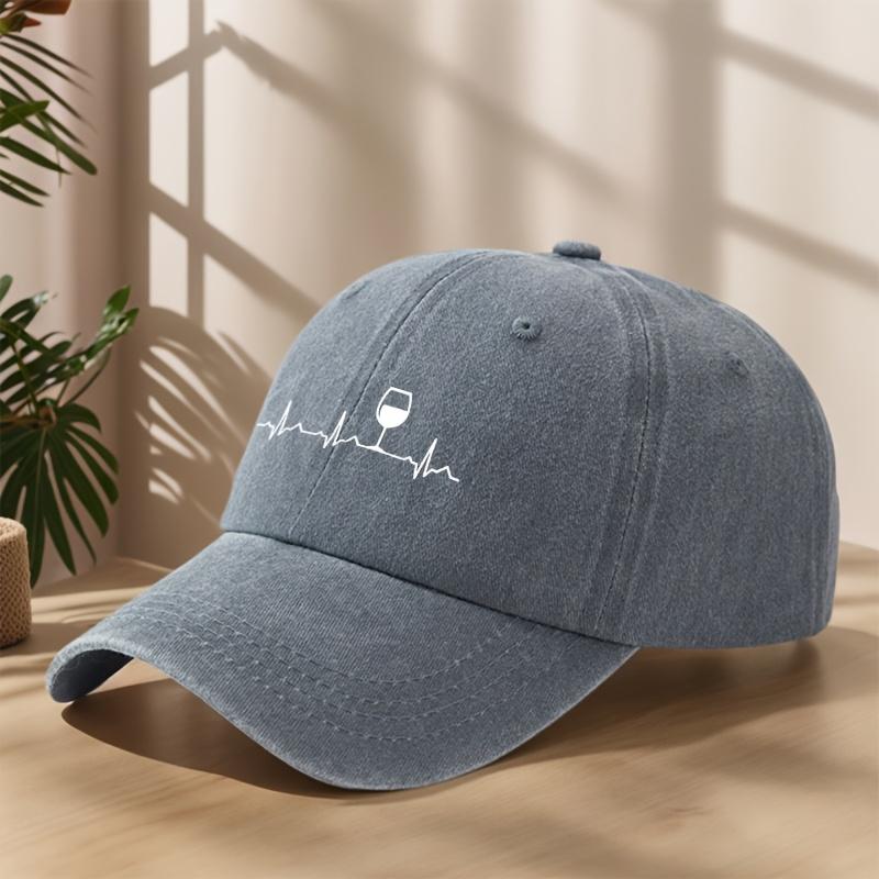 Heartbeat Red Wine Glass Printed Baseball Cap Classic Washed Retro Hat Lightweight Soft Sweat-Absorbent Peaked Cap