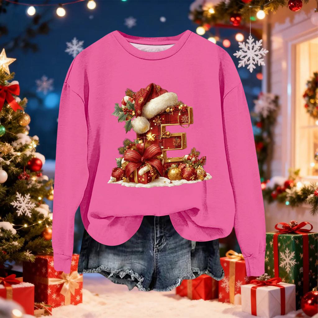 Women's Fashionable Casual Long-Sleeved Christmas Letter Print Crew-Neck Sweatshirt
