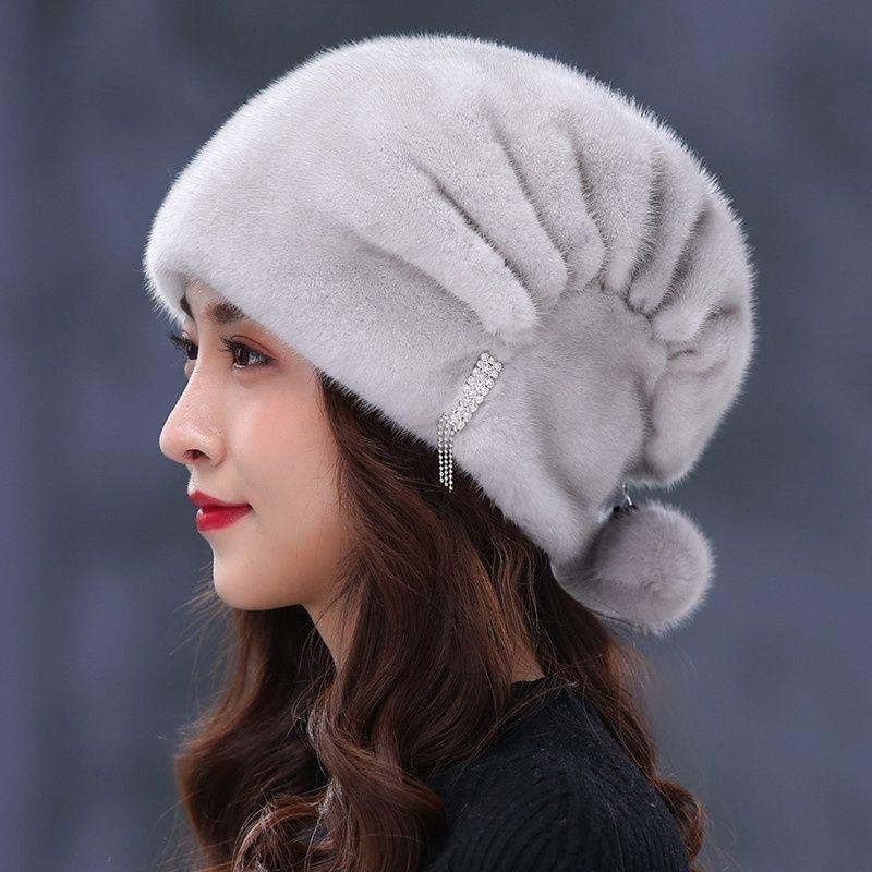 

Норковая шапка женская зимняя для среднего и пожилого возраста из цельного норкового меха с защитой ушей, зимняя модная, норковая теплая меховая шапка для мамы one size серый