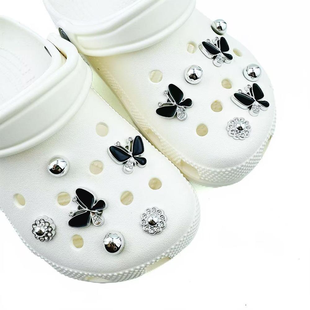 13Pcs Shoe Charms Set Black Butterfly Diamond Flower Silver Bead Shoe Decorations Buckle for Sandals Clogs DIY Accessories Gifts