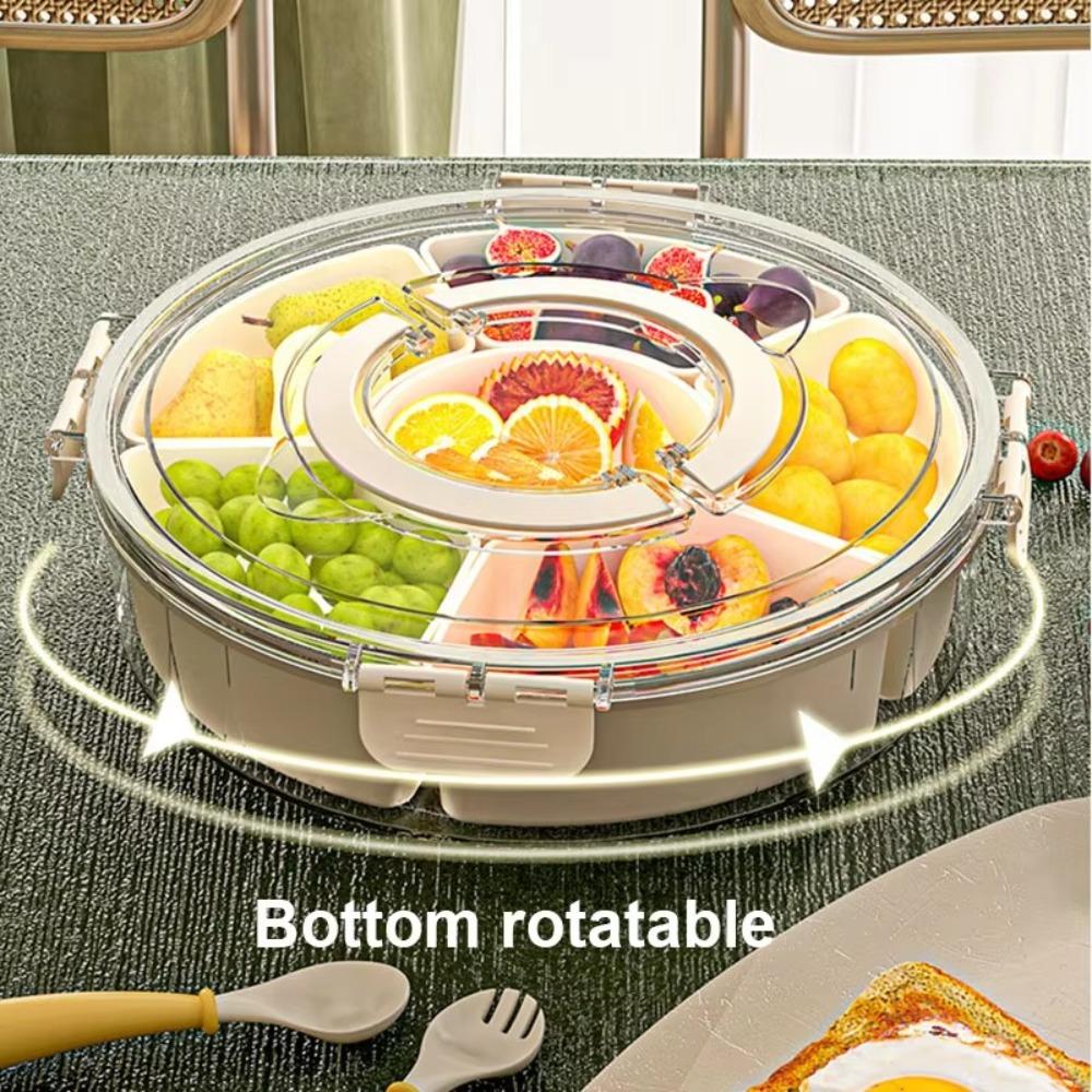 Saplı Altı Bölmeli Döner Meyve Tepsisi Kapaklı Nem Geçirmez Kuru Meyve Tepsisi Taşınabilir Modern Ev Yuvarlak Atıştırmalık Kutusu Kapaklı