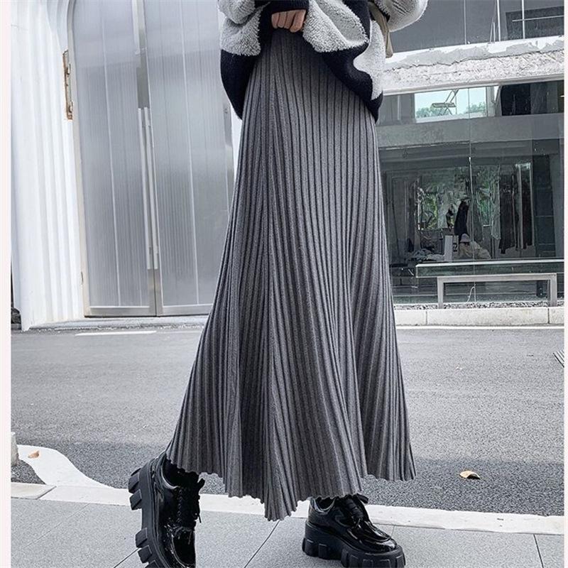 Pleated Skirt Women High Waist Slim Vintage A-Line Skirt New Autumn Winter Simple Classic Warm Female Knit Long Skirt