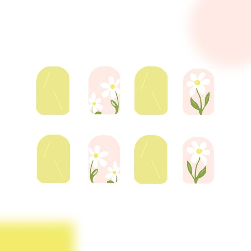 24 Pcs Sweet Flowers Stick On Nail Yellow Artificial Nail Short Square False Nail Glossy Press On Nail for Woman Girls