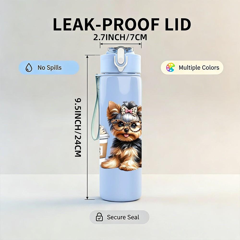 1PC Cute Coffee Puppy Dog Pattern 750ml Color Plastic Sports Water Bottle Leakproof Flip Straw Lid Suitable for Sports Office Home Use