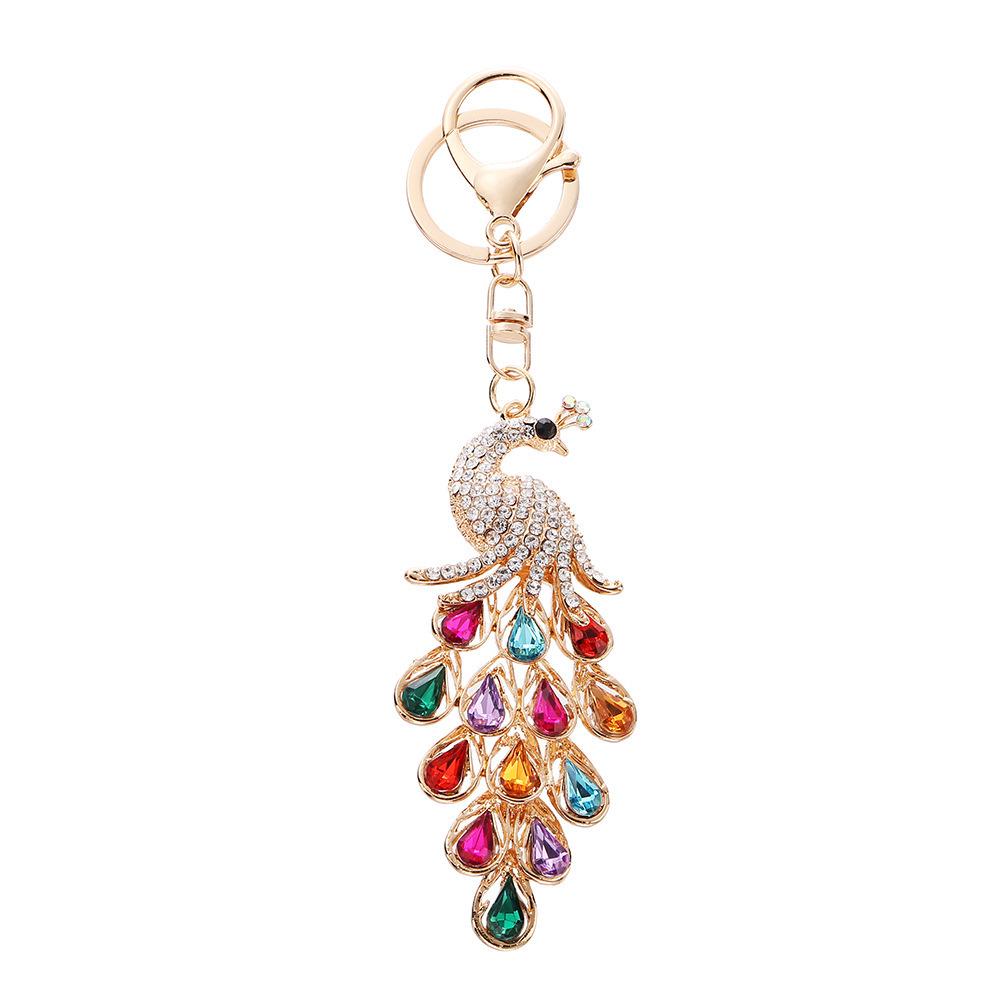 Seven-Color Peacock Tail Keychain: Creative Metal Pendant with Crystals