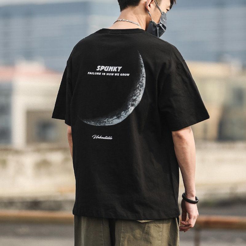 Summer Blue Pure Cotton Short Sleeved T-shirt Men's American Loose Oversized Ins Trendy Half Sleeved Japanese Letter Youth T-shirt