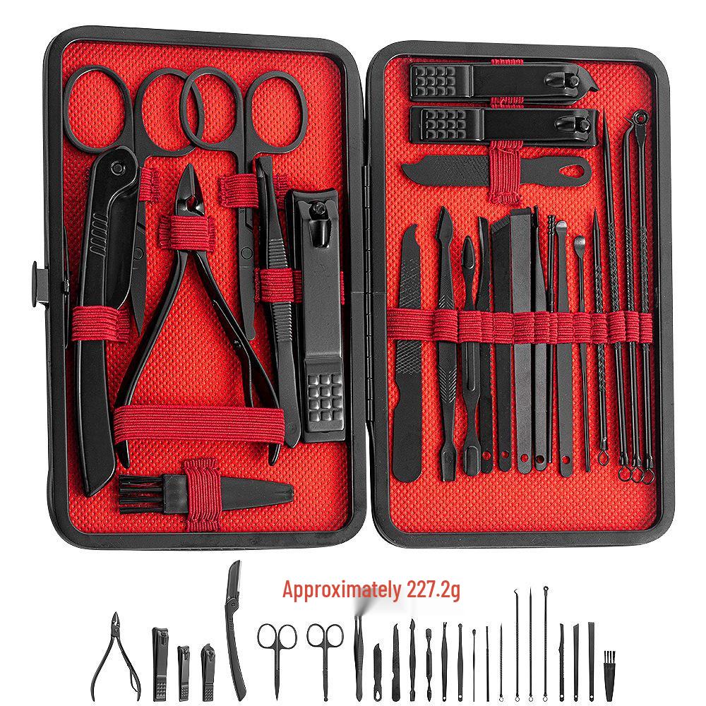 24-Piece Black & Red Manicure Set: Nail Clipper, Tweezers, Ear Pick, Scissors