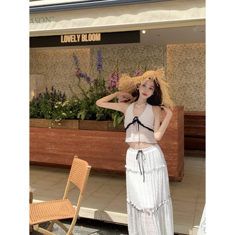Holiday Style Wear Pure Desire Spice Girl Design Sense Deep Neck Sling Contrasting Color Mesh High Waist Skirt Two-piece Set