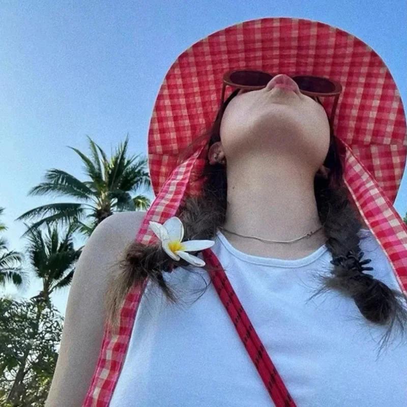 Ins Popular Niche Retro Plaid Strap Bucket Hat Spring Summer Travel Versatile Fashion Wide Brim Sun Protection Women'S Sun Caps