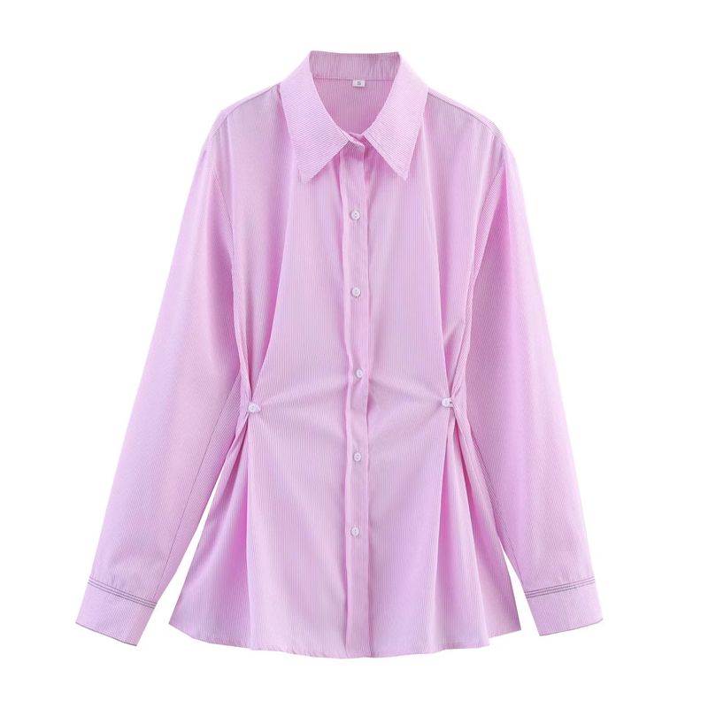 

Za Spring New Women clothes Fashion Casual Waist Button Decoration Oxford Long sleeve Lapel Shirts 2190772 Pink Stripes S