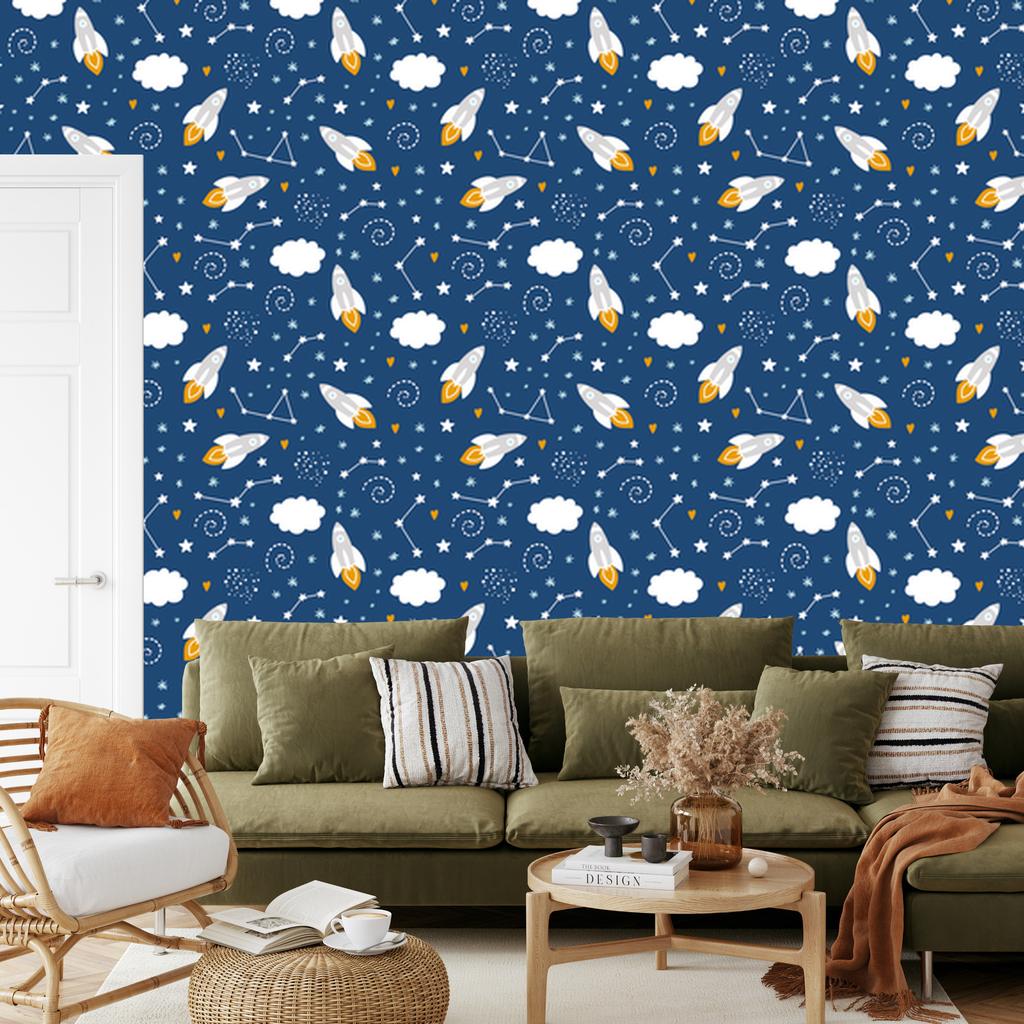 Space Rockets and Hearts Wallpaper for Living Room and Bedroom 50x1000