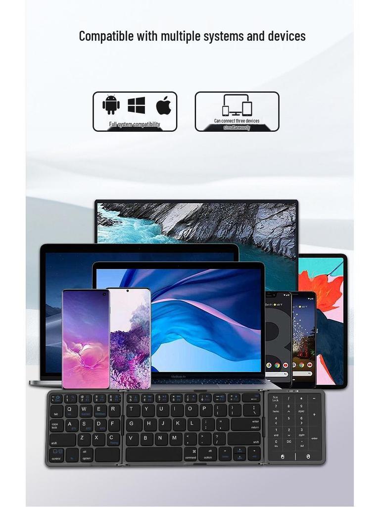 Foldable Bluetooth Keyboard with Numeric Touchpad - Rechargeable, Mini, Universal for Tablets, Phones, & Computers