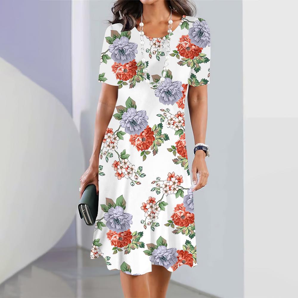 2026 Neue Mode Damen 3D Blumendruck Kleid Kurzärmelig Elegant O-Ausschnitt Kleid Streetwear Lockeres Kleid