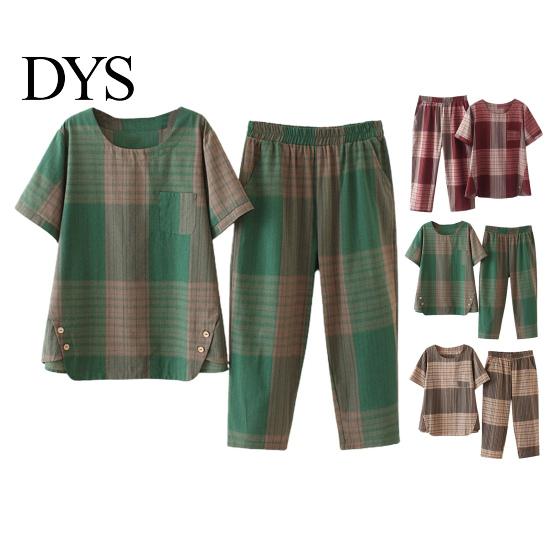 Short Sleeve Top Set 2 Pcs/Set Women T-shirt Pants Plus Size Homewear Outfit Color Matching Plaid Print Casual Two-piece Round Neck Wide Leg