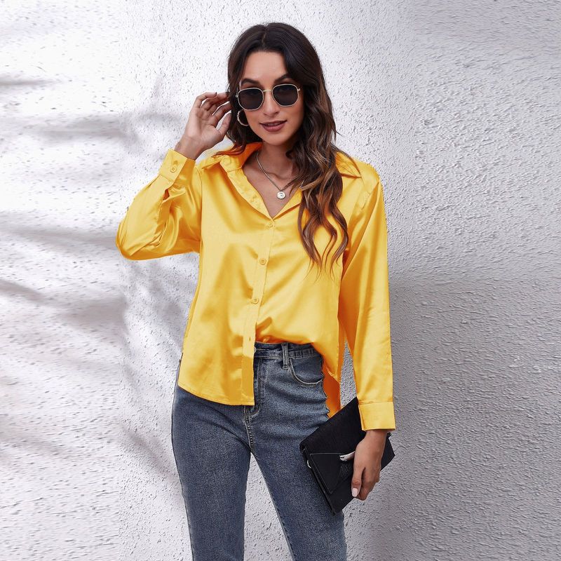 Solid-Color Long-Sleeve Business Shirt Top Satin Long Sleeve Shirt Top
