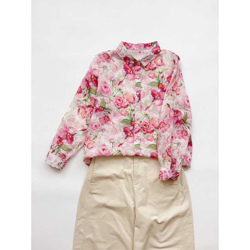 

Рубашка с акварельным принтом, универсальная тонкая льняная блузка с цветочным принтом, французский универсальный женский топ L