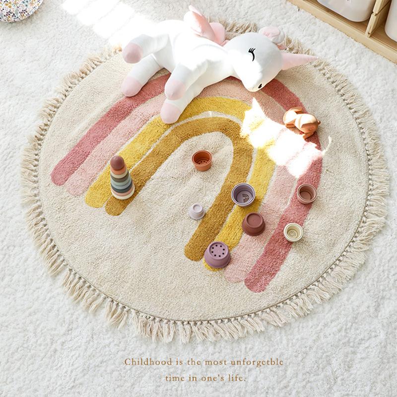 Rainbow Fluffy Carpet For Living Room With Tasselsl White Hairy Bedroom Rug Baby Folding Carpet Soft Nursery Play Mat For Kids