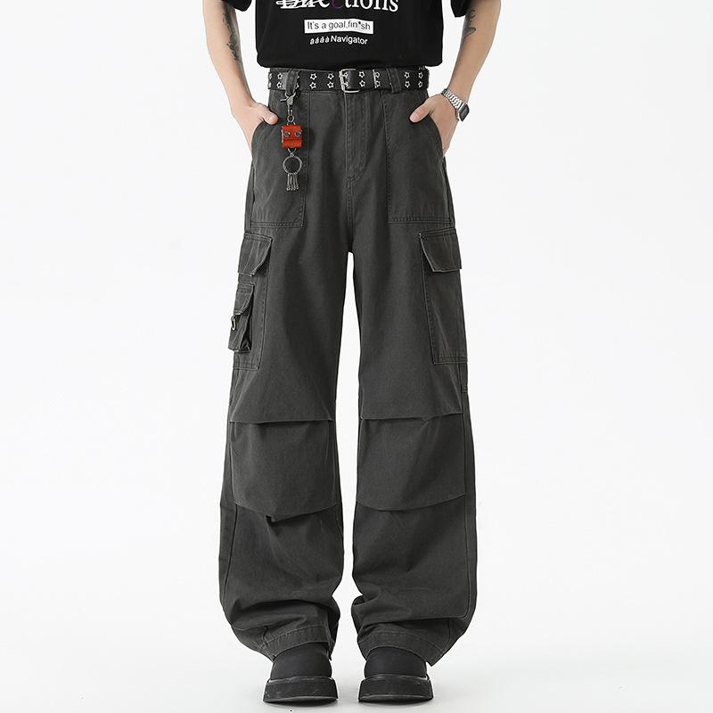New American retro multi-pocket denim overalls men's trend loose straight