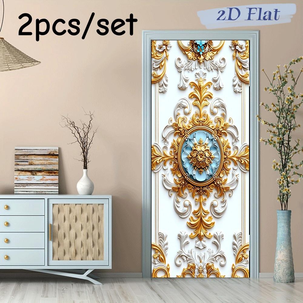 2pcs European Luxury Wall Stickers, Living Room Bedroom Entrance Decoration Door Stickers, Gold Carved Self-adhesive Waterproof