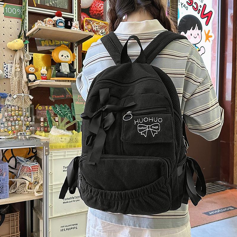 Schoolbagins Wind Bow School Bag Female Corduroy Commuter Versatile Internet Celebrity Backpack Large Capacity Casual Simple Backpack