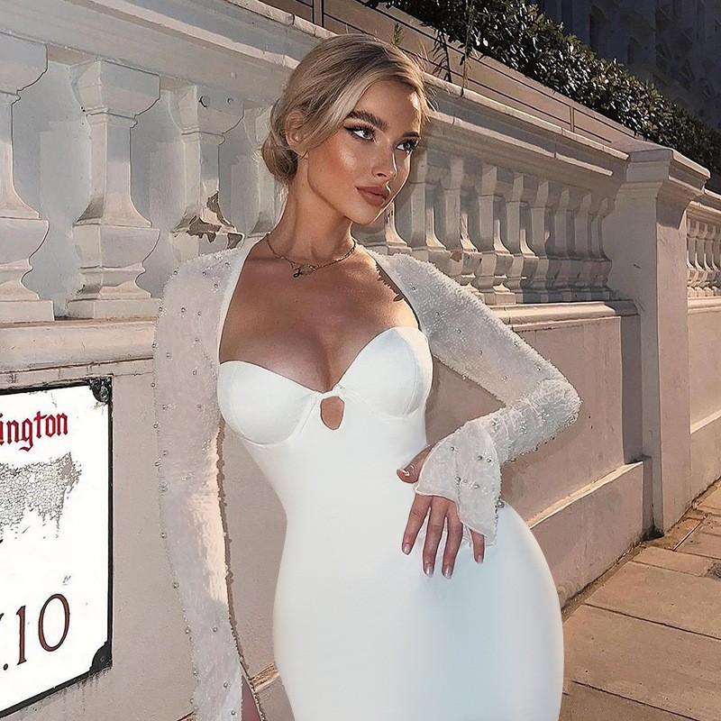 Americký Tenký Starší Smysl Zralý Sexy Sukně na Hrudník a Boky Módní Korálky Dlouhý Rukáv Temperament Štíhlé Šaty Ženy