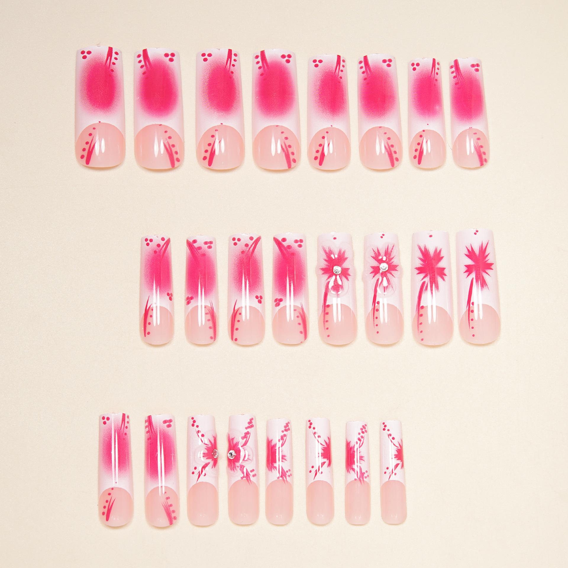 European and American wearing armor retro style pink flower stripes pink smudged white French fake nails fashionable and elegant