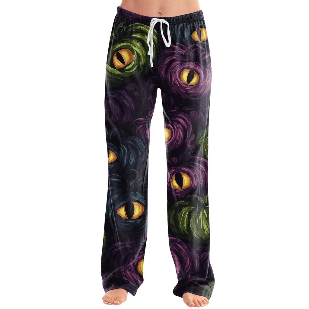 Women's Drawstring Lounge Pants Halloween Print Casual Pants Elastic Waistband Relaxed Fit Full Length Soft Fabric