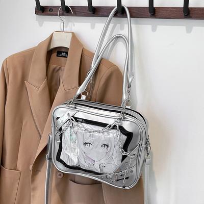 Koreanischer Y2K-Stil Damen-Umhängetaschen Mädchen Cosplay Ita-Taschen Niedliche Silberne Leder-Anstecknadel-Display Umhängetasche Kawaii Tragetasche Handtasche