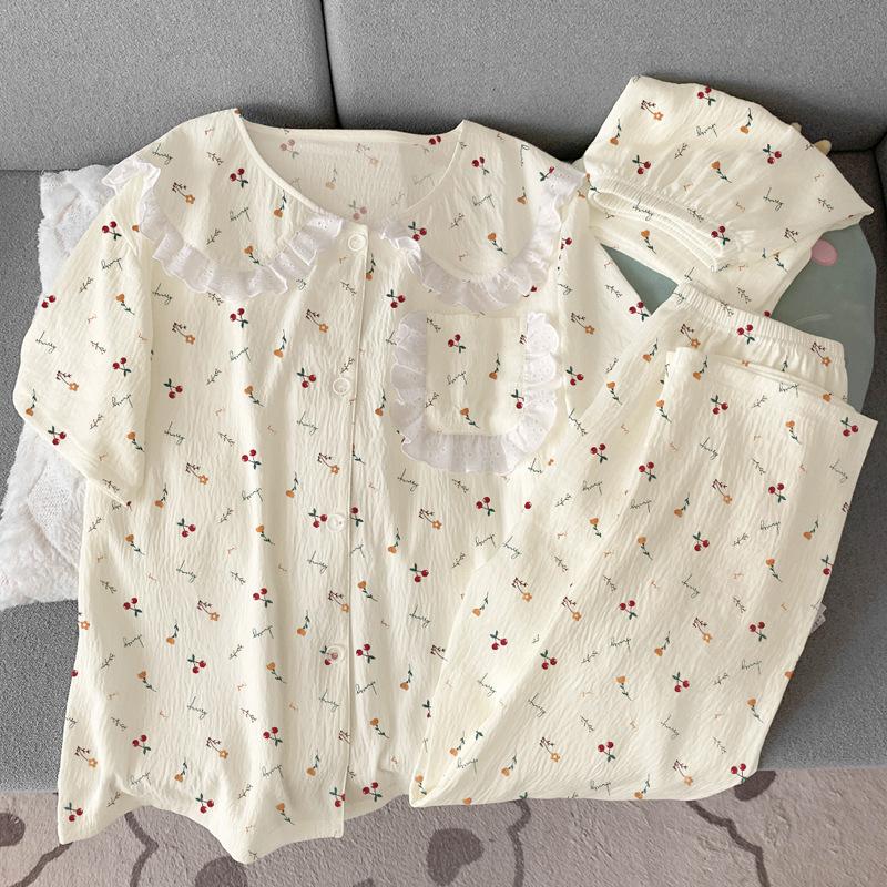 Little Cherry Premium Cloud Cotton Pajamas Women'S Summer Doll Collar Lace Loungewear Three-Piece Set