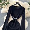 Spring Autumn Women Vintage Hepburn Style Black Full Sleeve Knitted Sweater Slim Fishtail Dresses