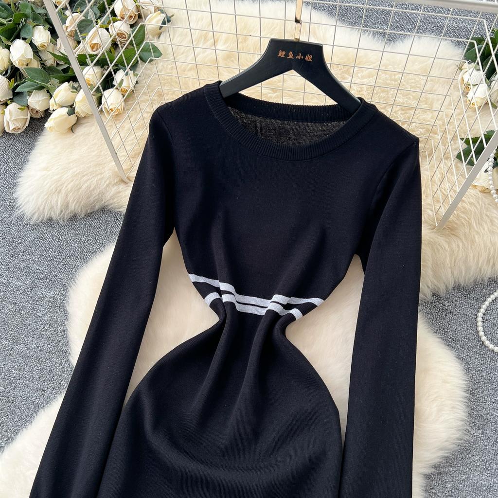 Spring Autumn Women Vintage Hepburn Style Black Full Sleeve Knitted Sweater Slim Fishtail Dresses