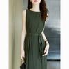 Round neck new pleated loose summer sleeveless temperament long skirt pleated dress with waistband for slimming effect