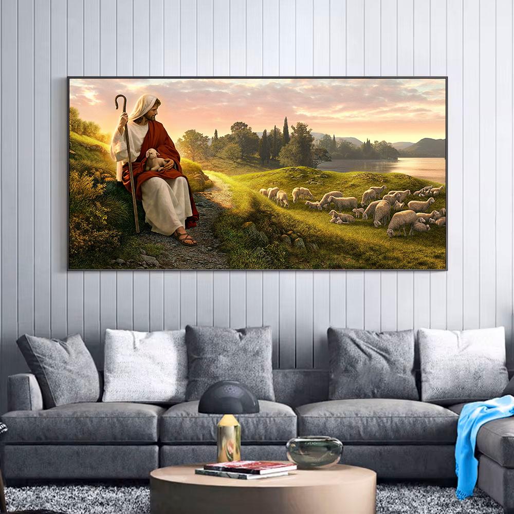 Gesù Cristo Pastore Tela Arte Murale Moderna Religiosa Dio Poster Stampa HD Pittura Quadro Opera d'Arte per Camera da Letto Soggiorno Decorazione Senza Cornice