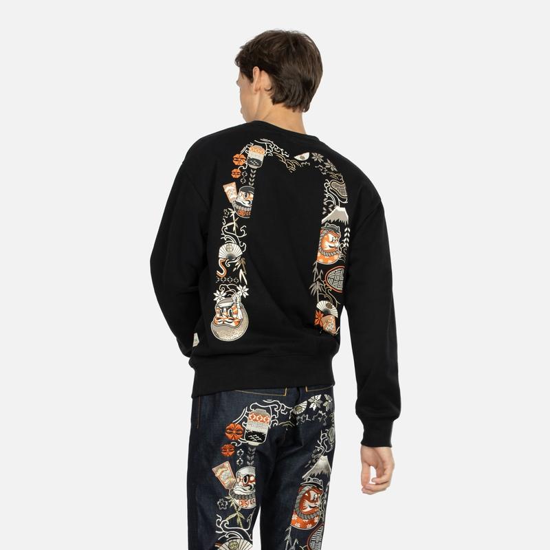 Evisu FW23 Kumadori Daruma Large M Print Logo Round Neck Pullover Long Sleeve Sweatshirt Men Sweatshirt Black 2EAHTM3SW1080RXCT