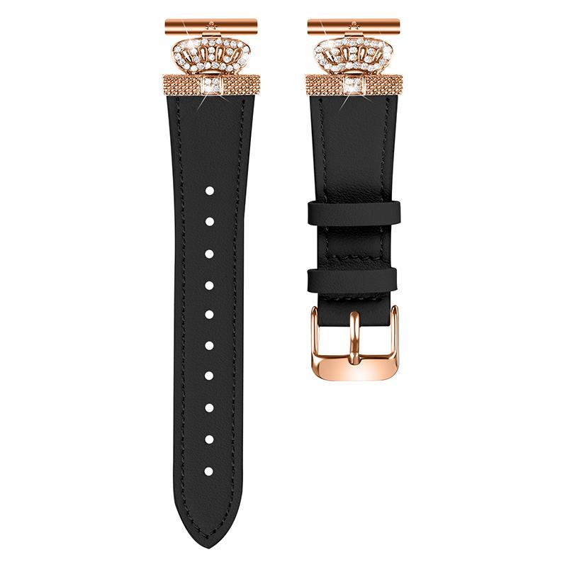 

For LG Watch Sport Rose Gold Buckle Watch Band Rhinestone Crown Connector Cowhide Strap Black