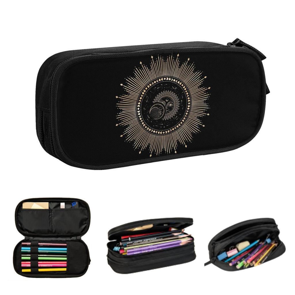 Boho Golden Crescent Moon And Sun Witch Pencil Cases for Students Gifts Pen Box Pencil Bag Large Capacity Pencil Pouch