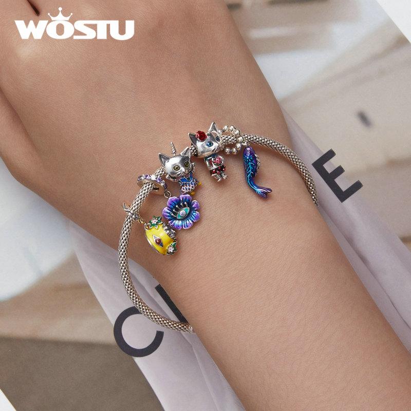 WOSTU 925 Sterling Silver Devil Flower Hanging Charm Grotesque Bee & Fish Hanging Bead Fit DIY Making Women Bracelet & Bangle Jewelry