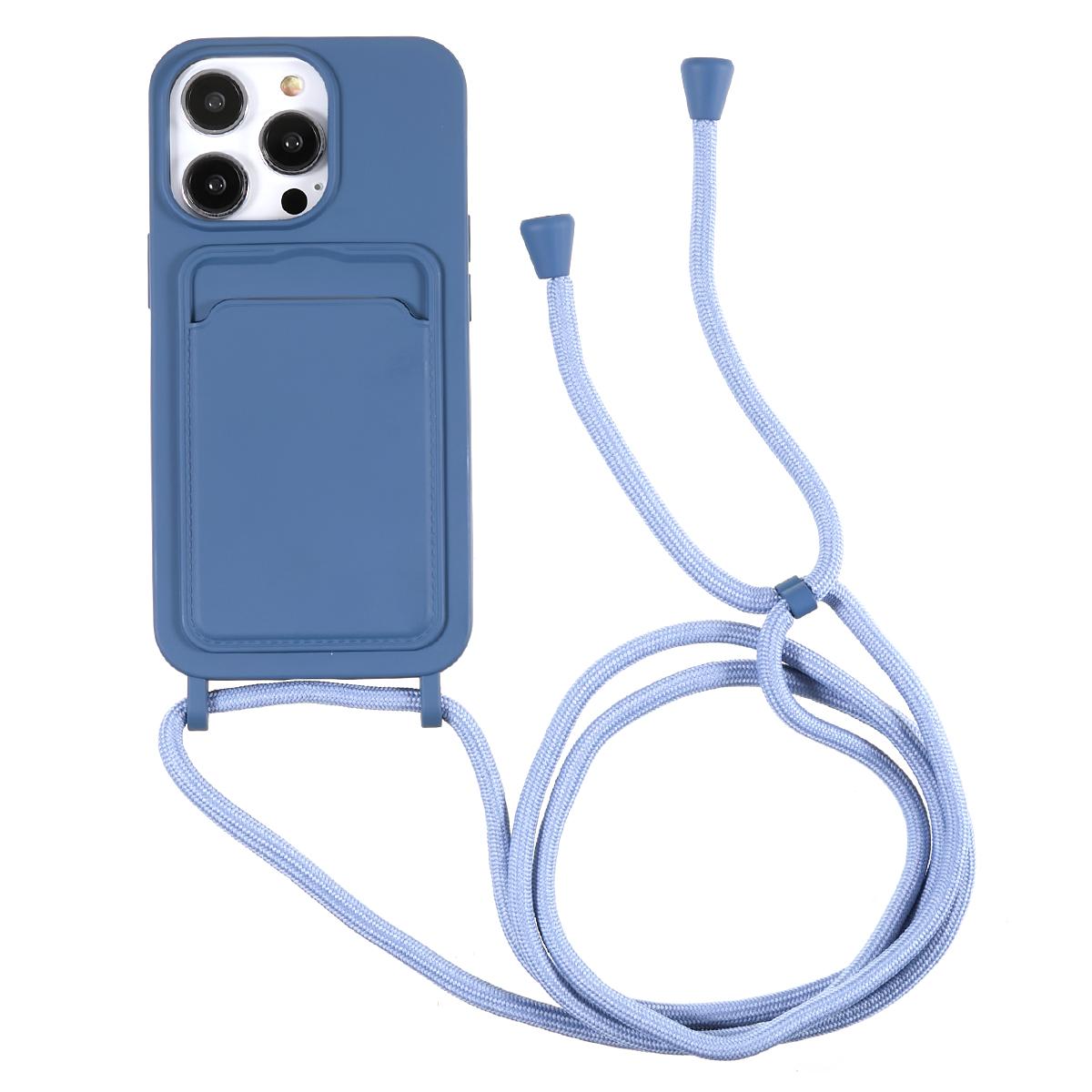 

For iPhone 15 Pro Max Phone Case Liquid Silicone Shockproof Cover with Card Holder/Strap Navy Blue