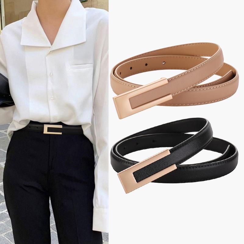 Fashion Leather Slim Waist Women's Matching Dress Suit and Jeans Black Belt Luxury Metal Buckle Soft Cowhide Belt