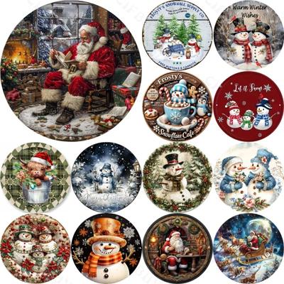 Round Metal Tin Sign Art Painting Wreath Decorative Plates Cartoon Snowman Christmas Poster for Home Garden Garage Wall Decor
