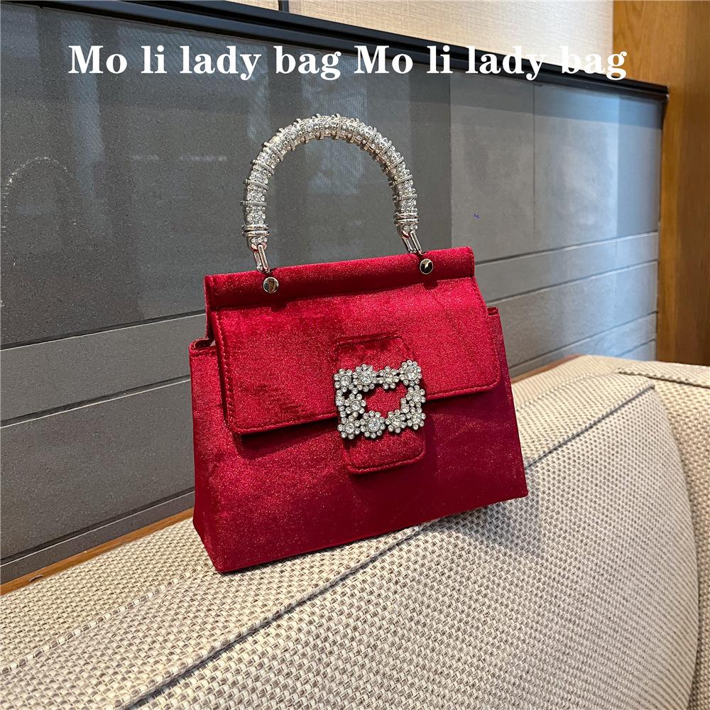 

Luxury Diamonds Women Bag Designer Velvet Handbags Metallic Handle Shoulder Crossbody Bags for Women Elegant Evening Bag Clutch