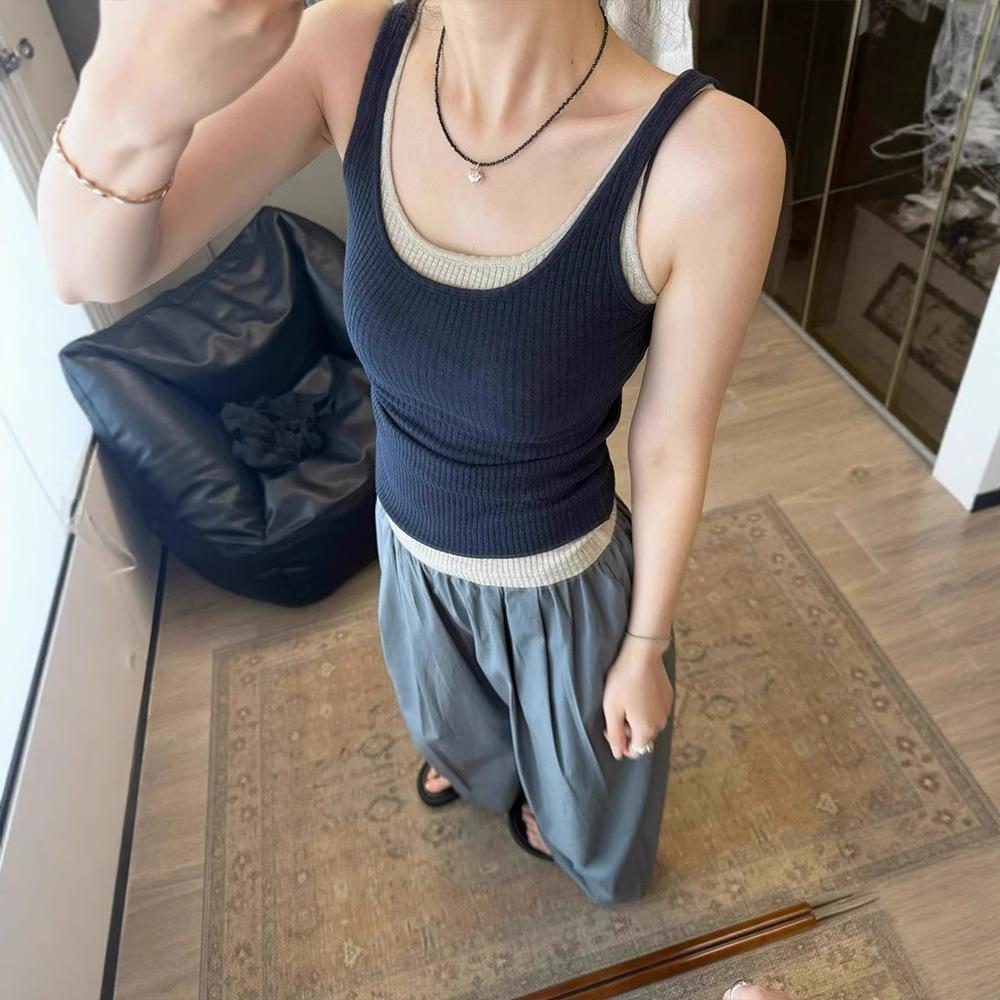 navy blue large neckline u-neck fake two-piece small suspender vest for women's summer wear knitted short sleeveless top