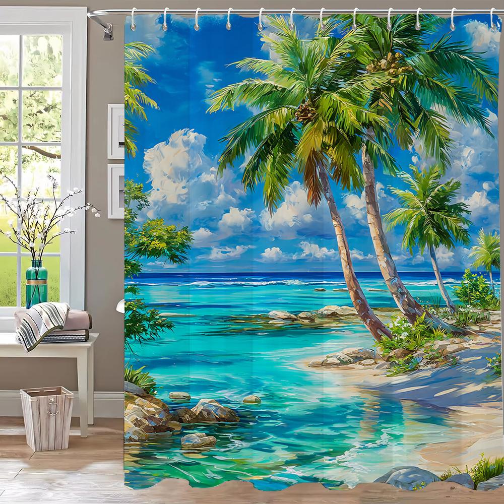 Sunshine Seaside Scenery Beach Shower Curtain, Bathroom Decorative Shower Curtain, Printed Polyester Home Curtain with Hooks 90x180cm-35x70in