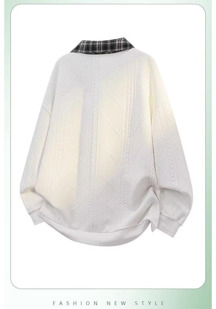 Autumn/Winter Plus Size Polo Neck Patchwork Fake Two-Piece Sweatshirt Unisex Loose Top