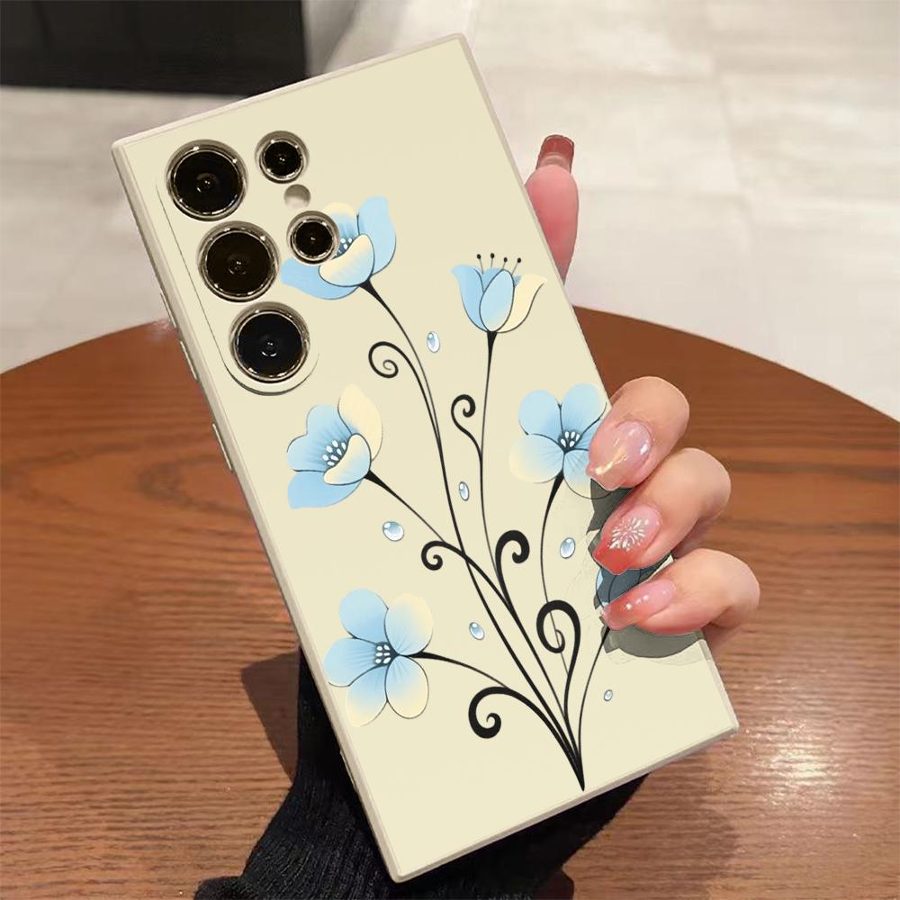Blue Flower with Curly Stems For Samsung Galaxy S25 S24 Ultra S23 S22 S21 S20 FE Plus Note 10 20 Lite Protection TPU Cover