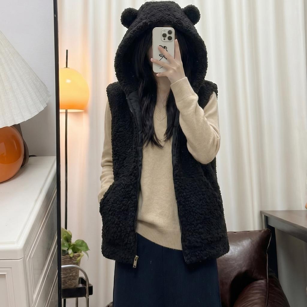 Retro Coffee Imitation Lamb Wool Hooded Granular Plush Vest Jacket Women's Autumn and Winter New Fashion Warm Top